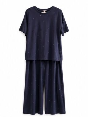 Reitmans Navy Wide Leg Pajama Set Purple Heart Print – Top XL Bottom XXL GUC